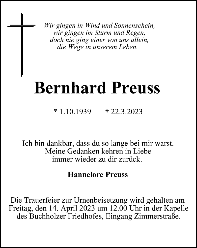 Traueranzeigen Von Bernhard Preuss Trauer In Nrw De