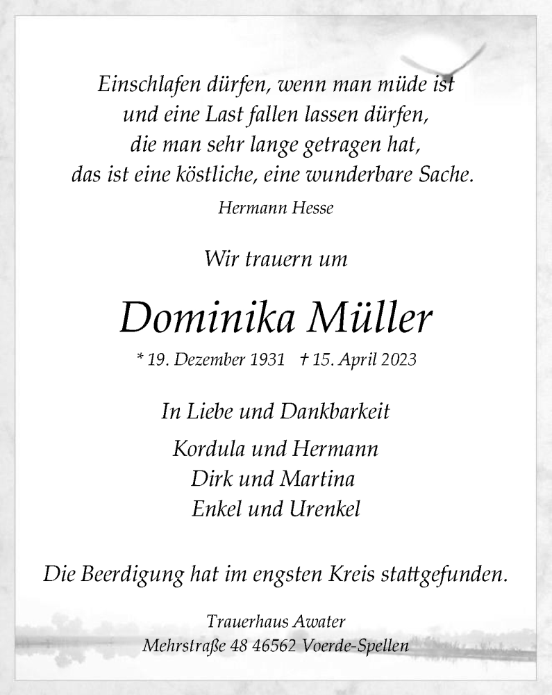 Traueranzeigen Von Dominika M Ller Trauer In Nrw De