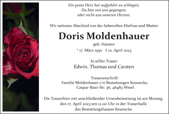 Traueranzeigen Von Doris Moldenhauer Trauer In Nrw De