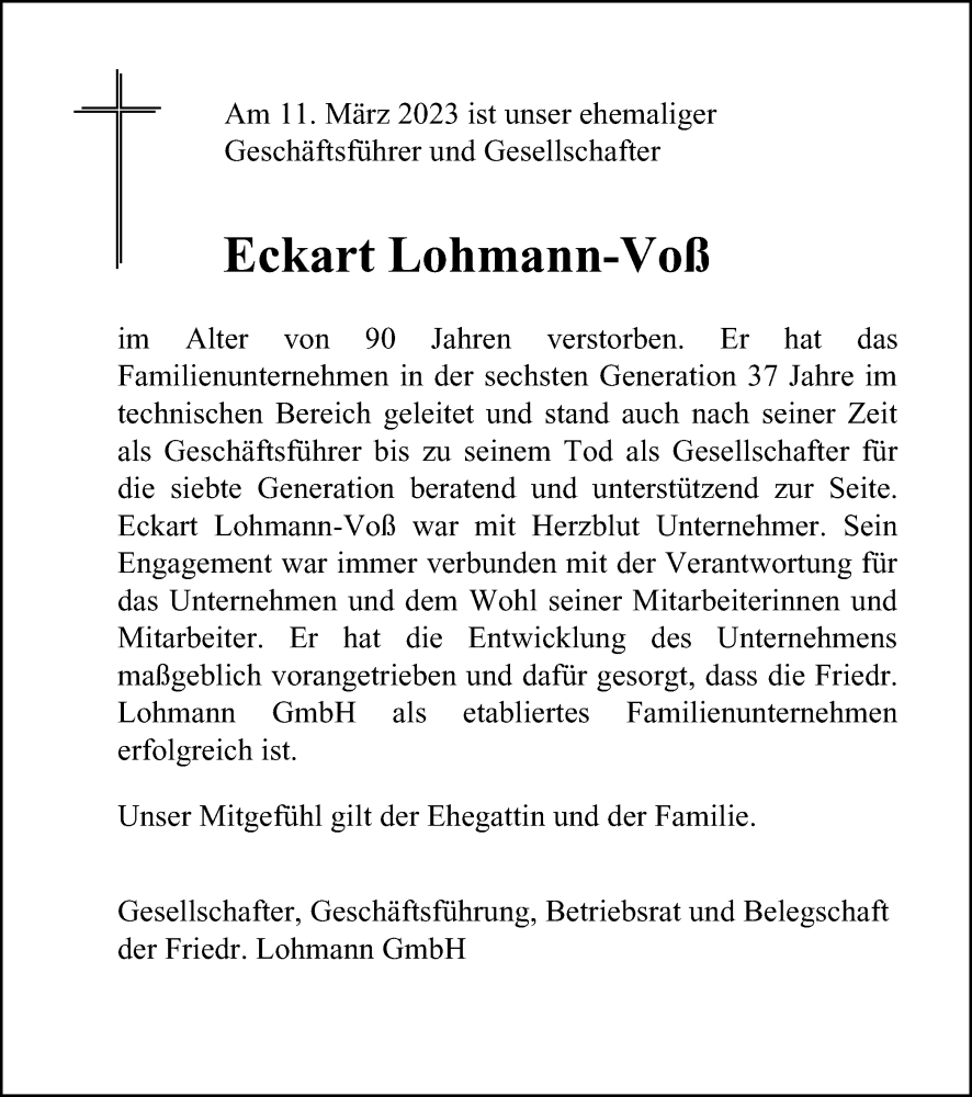 Traueranzeigen Von Eckart Lohmann Vo Trauer In Nrw De