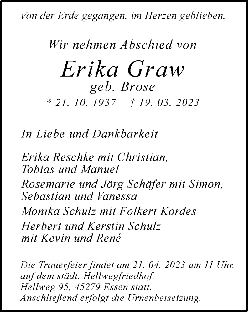 Traueranzeigen Von Erika Graw Trauer In Nrw De