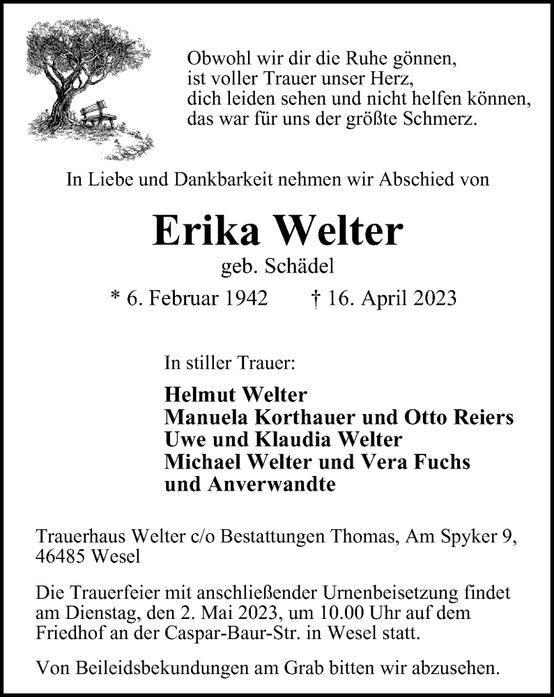 Traueranzeigen Von Erika Welter Trauer In Nrw De