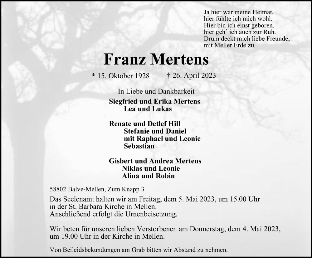 Traueranzeigen Von Franz Mertens Trauer In Nrw De