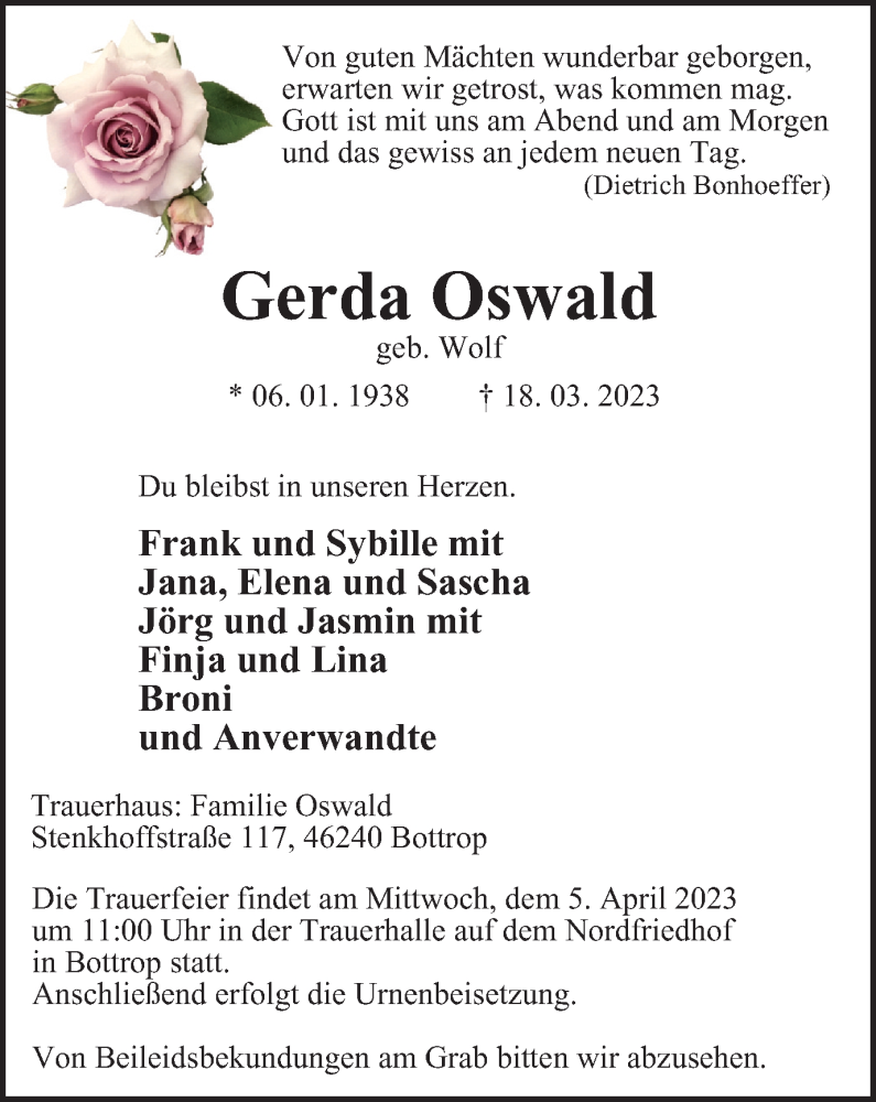 Traueranzeigen Von Gerda Oswald Trauer In Nrw De