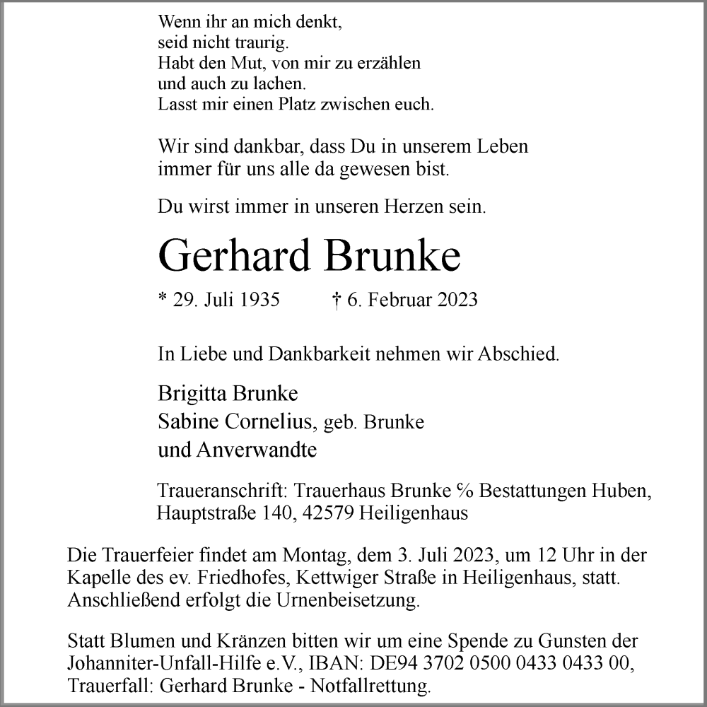 Traueranzeigen Von Gerhard Brunke Trauer In NRW De