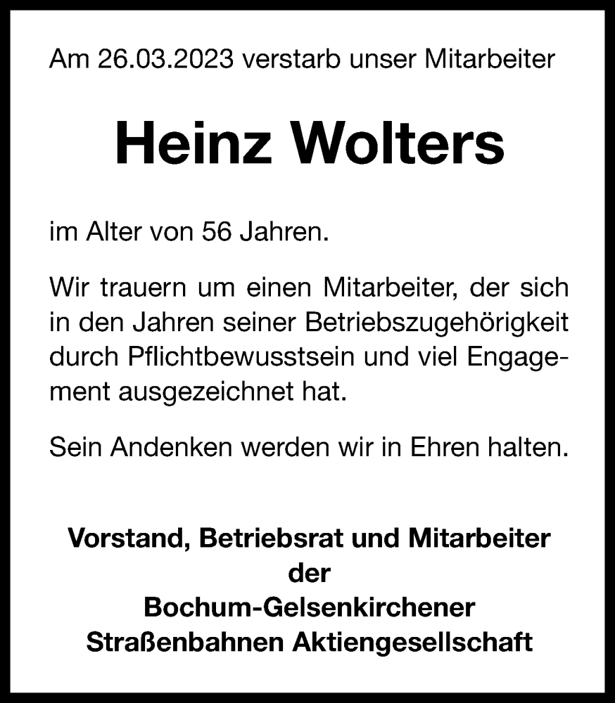 Traueranzeigen Von Heinz Wolters Trauer In Nrw De