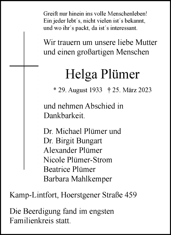 Traueranzeigen von Helga Plümer Trauer in NRW de