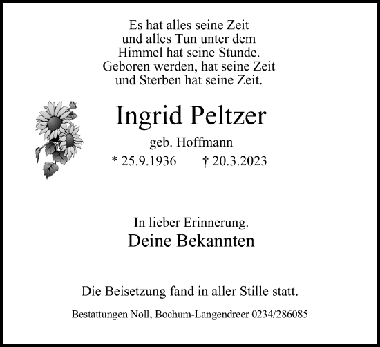 Traueranzeigen Von Ingrid Peltzer Trauer In NRW De