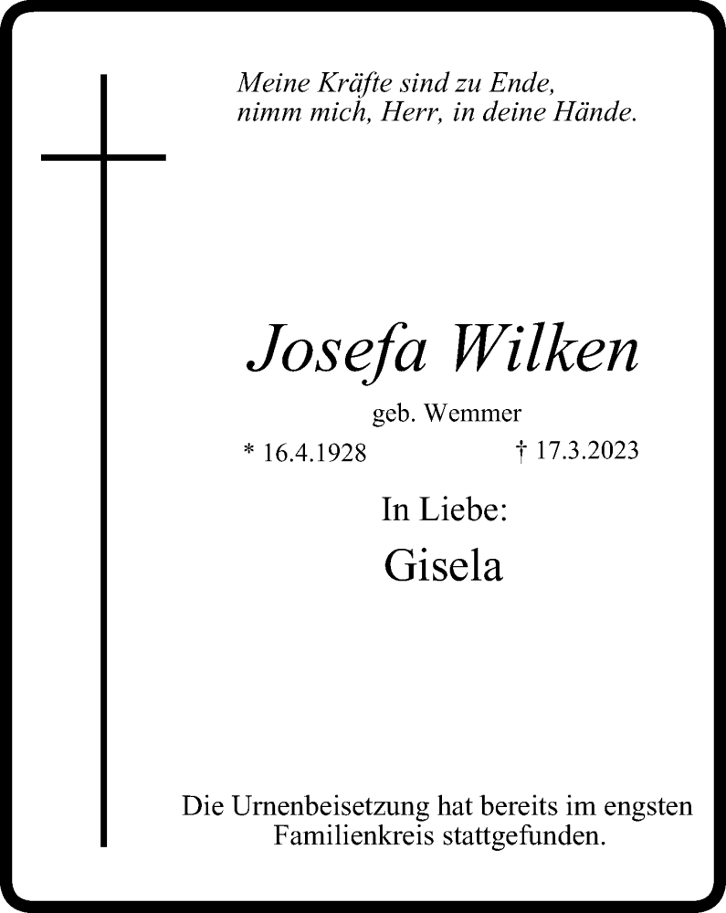 Traueranzeigen Von Josefa Wilken Trauer In NRW De