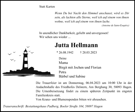 Traueranzeigen Von Jutta Hellmann Trauer In Nrw De