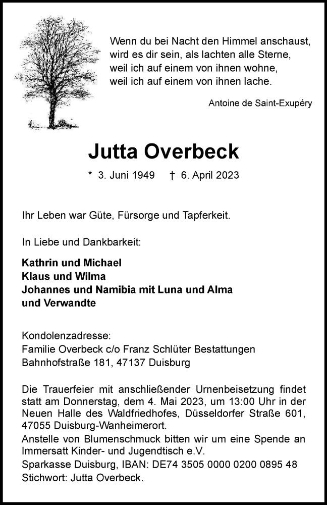 Traueranzeigen Von Jutta Overbeck Trauer In NRW De