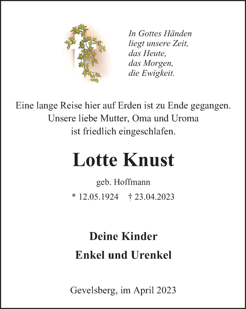 Traueranzeigen Von Lotte Knust Trauer In NRW De