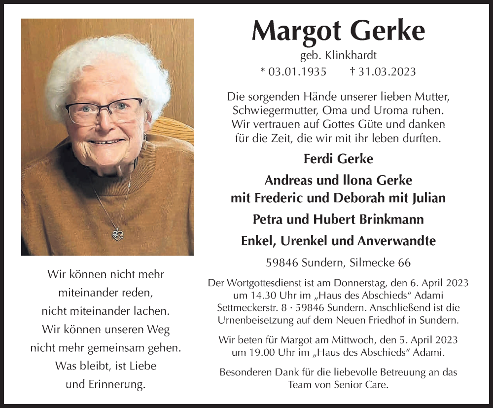 Traueranzeigen Von Margot Gerke Trauer In NRW De