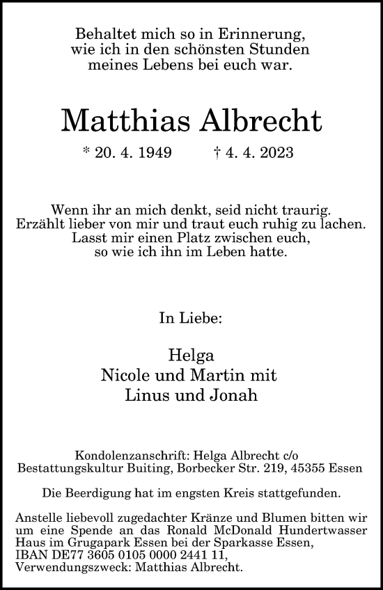 Traueranzeigen Von Matthias Albrecht Trauer In NRW De