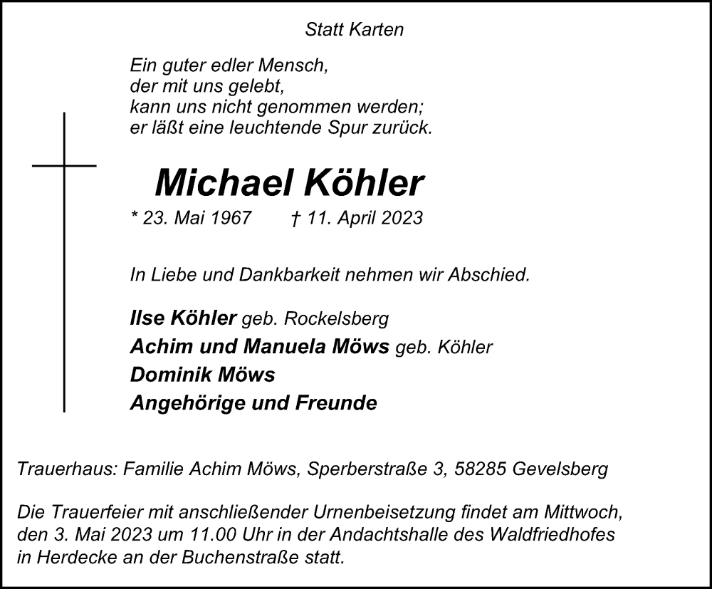 Traueranzeigen von Michael Köhler Trauer in NRW de