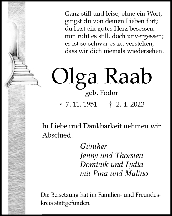 Traueranzeigen Von Olga Raab Trauer In Nrw De