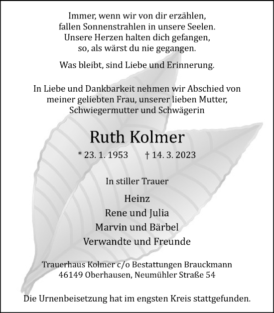 Traueranzeigen Von Ruth Kolmer Trauer In NRW De