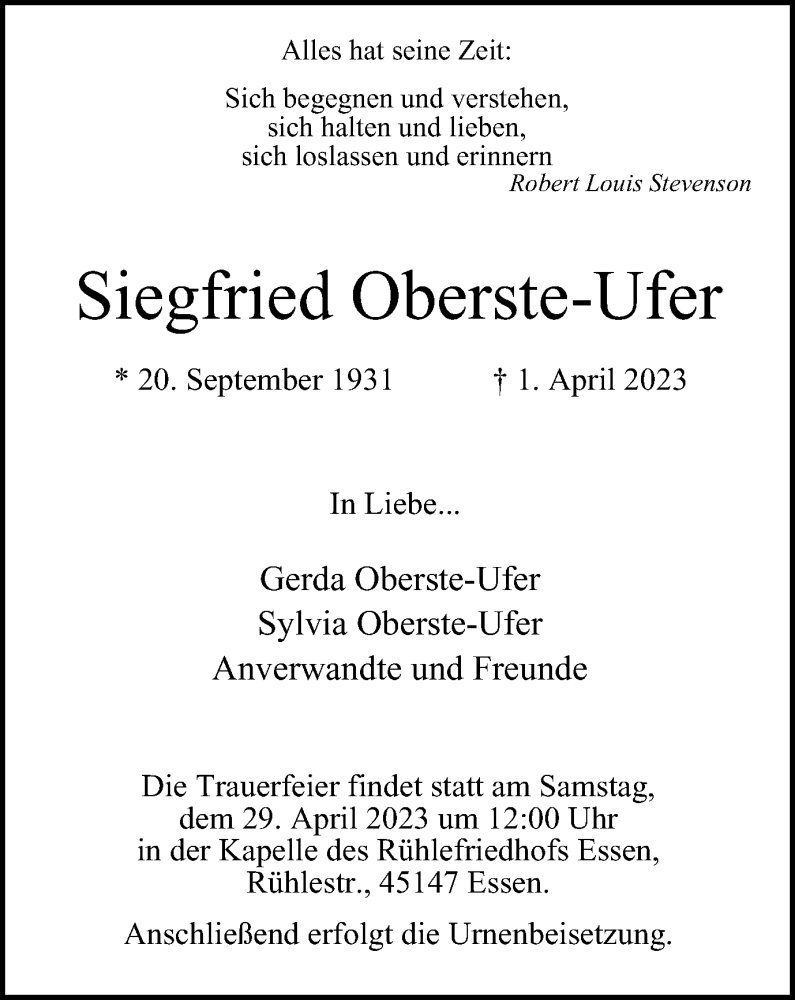 Traueranzeigen Von Siegfried Oberste Ufer Trauer In NRW De