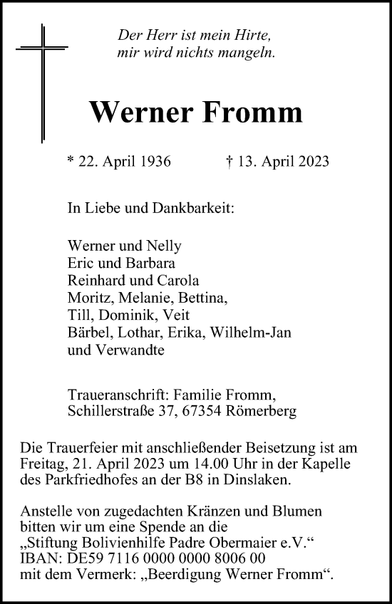 Traueranzeigen Von Werner Fromm Trauer In Nrw De