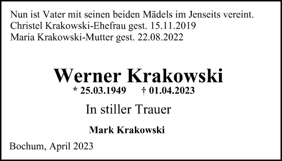 Traueranzeigen Von Werner Krakowski Trauer In Nrw De