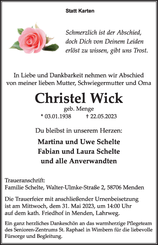 Traueranzeigen Von Christel Wick Trauer In Nrw De