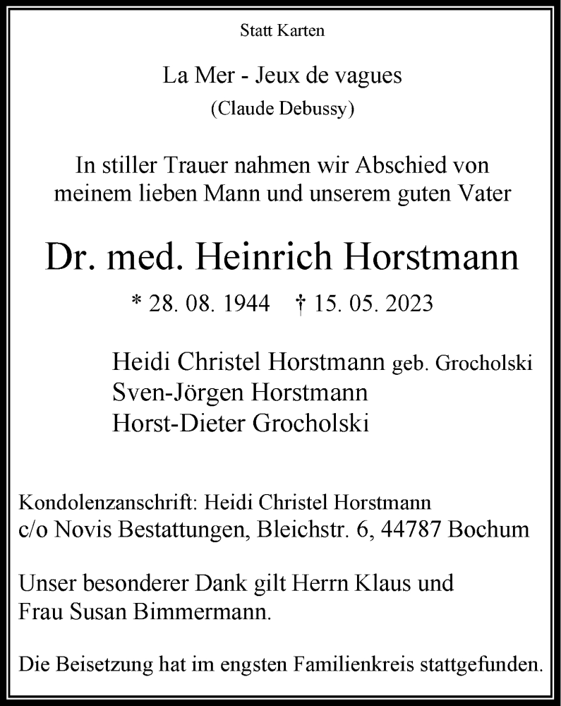 Traueranzeigen Von Heinrich Horstmann Trauer In Nrw De