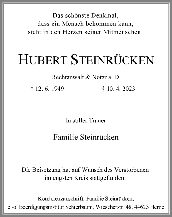 Traueranzeigen Von Hubert Steinr Cken Trauer In Nrw De