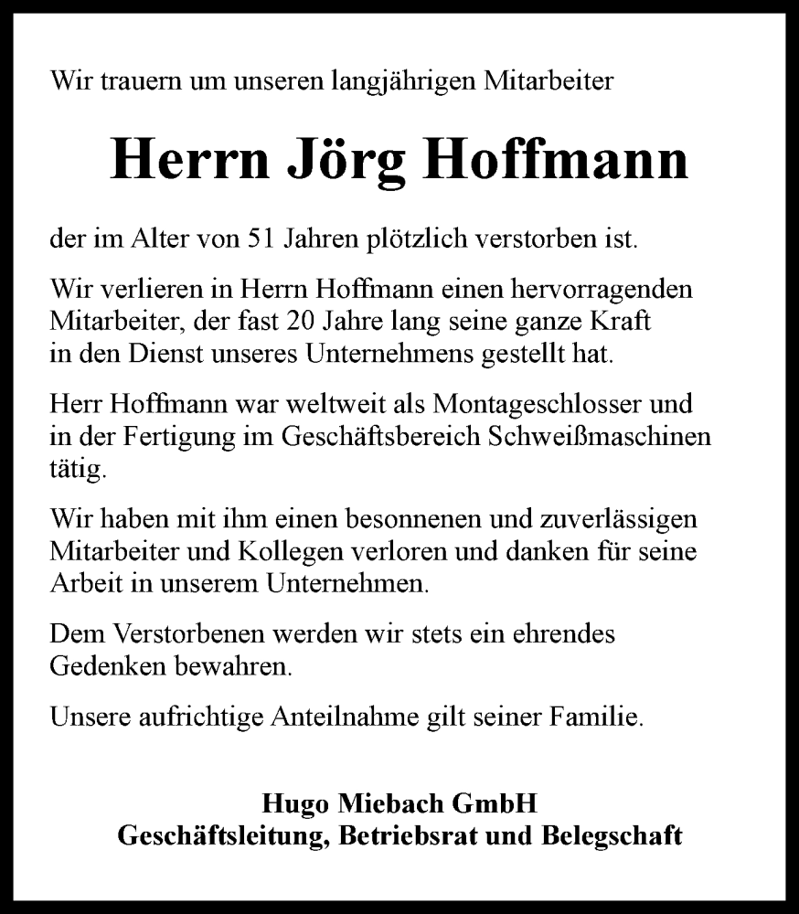 Traueranzeigen Von J Rg Hoffmann Trauer In Nrw De