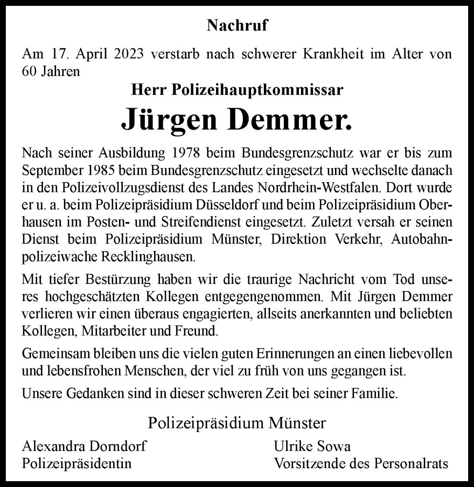 Traueranzeigen von Jürgen Demmer Trauer in NRW de