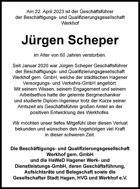 Traueranzeigen von Jürgen Scheper Trauer in NRW de