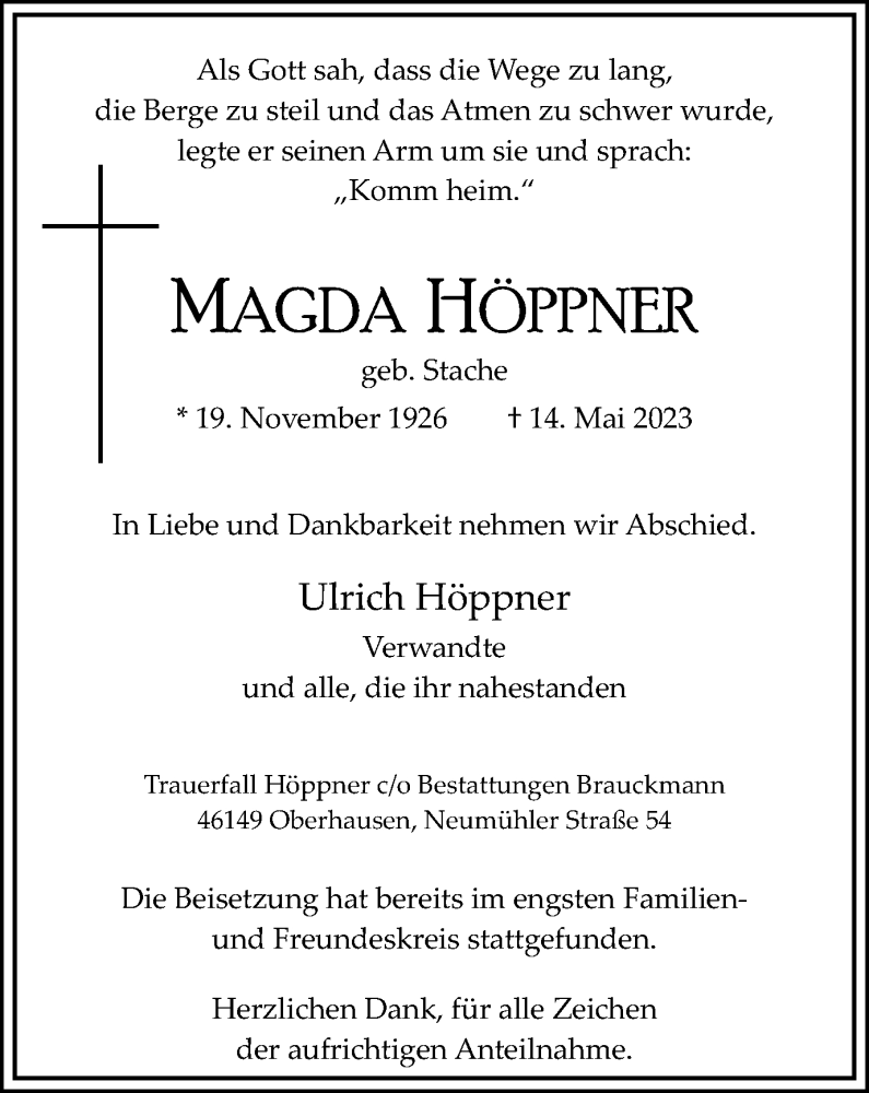 Traueranzeigen von Magda Höppner Trauer in NRW de