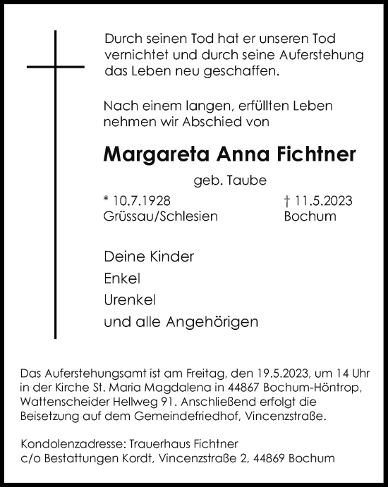 Traueranzeigen Von Margareta Anna Fichtner Trauer In Nrw De