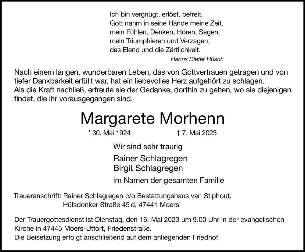 Traueranzeigen Von Margarete Morhenn Trauer In Nrw De