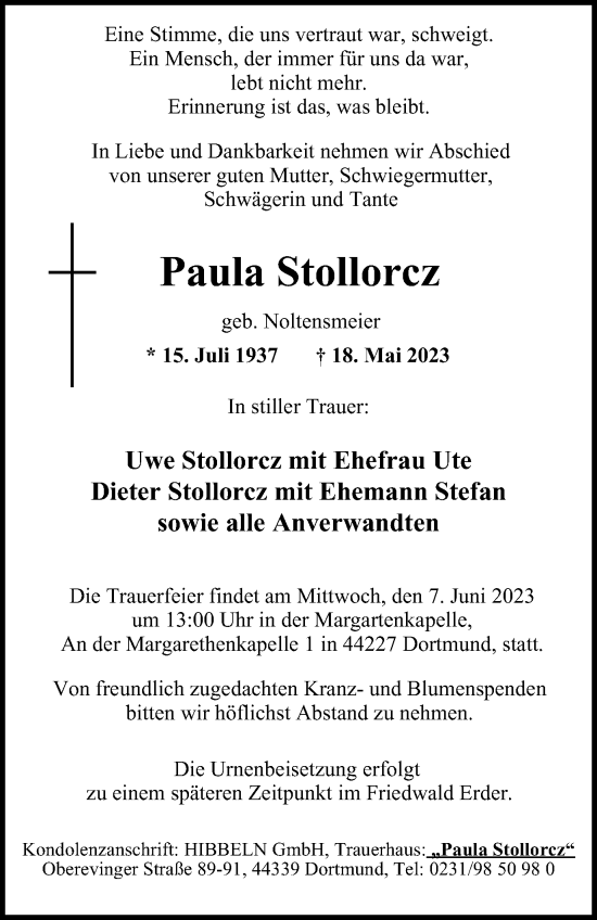 Traueranzeigen Von Paula Stollorcz Trauer In Nrw De