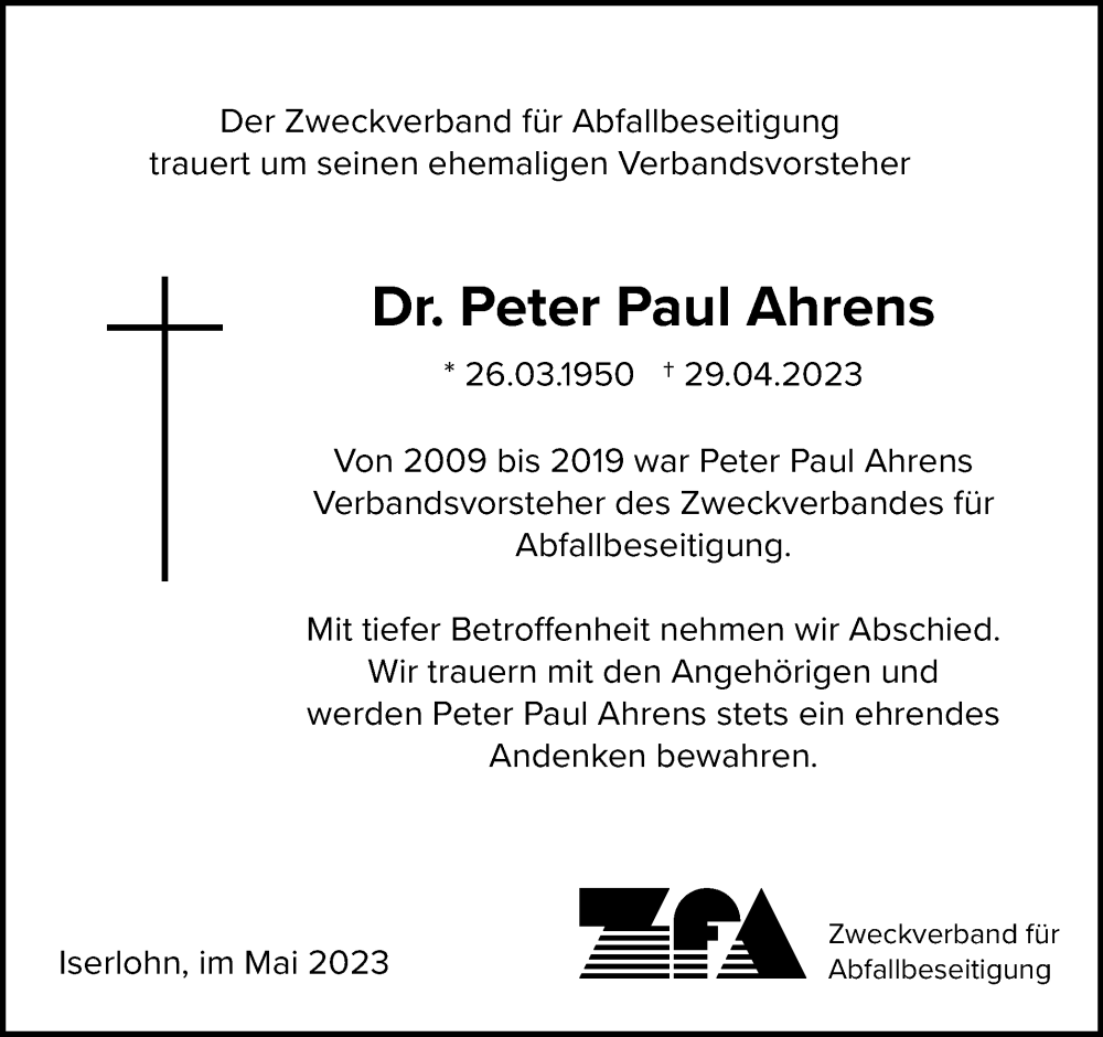 Traueranzeigen Von Peter Paul Ahrens Trauer In Nrw De