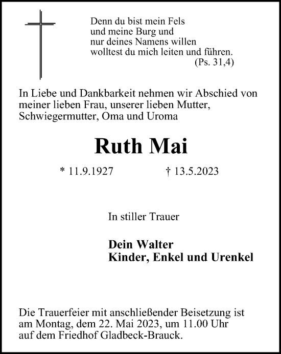 Traueranzeigen Von Ruth Mai Trauer In Nrw De