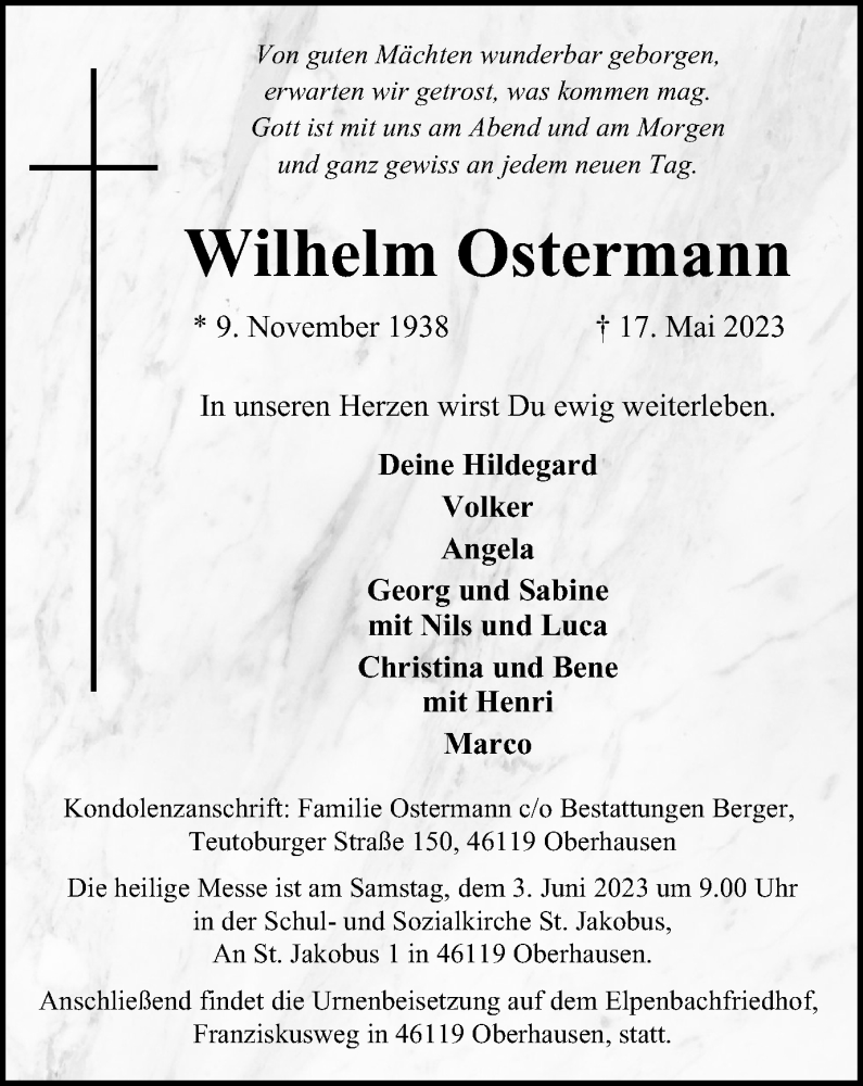 Traueranzeigen Von Wilhelm Ostermann Trauer In Nrw De