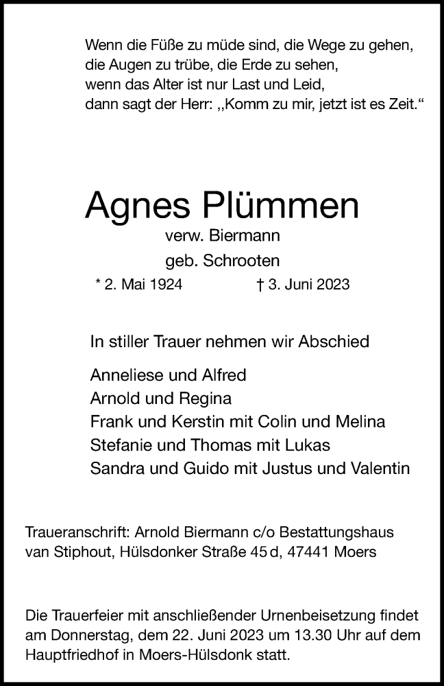 Traueranzeigen von Agnes Plümmen Trauer in NRW de