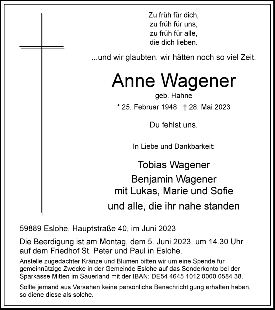 Traueranzeigen Von Anne Wagener Trauer In Nrw De