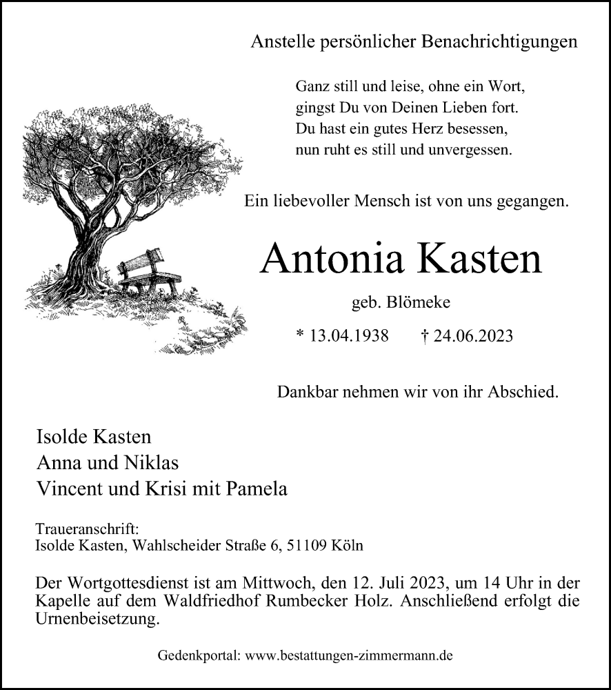 Traueranzeigen Von Antonia Kasten Trauer In Nrw De