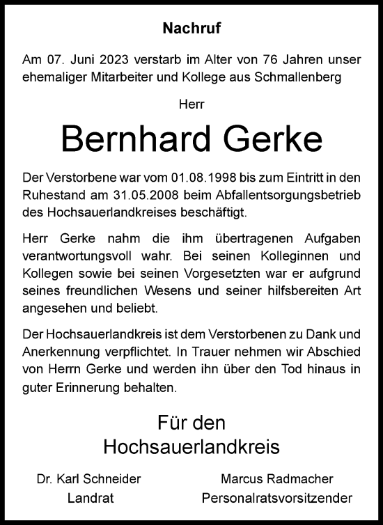 Traueranzeigen Von Bernhard Gerke Trauer In Nrw De