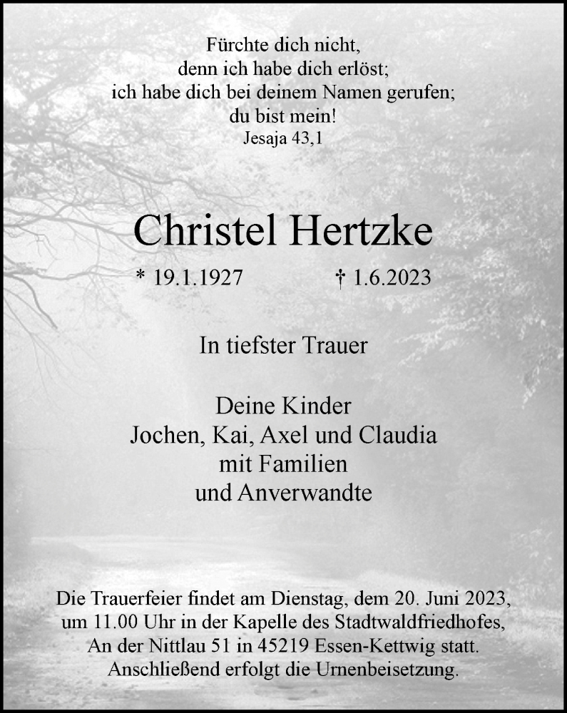 Traueranzeigen Von Christel Hertzke Trauer In NRW De