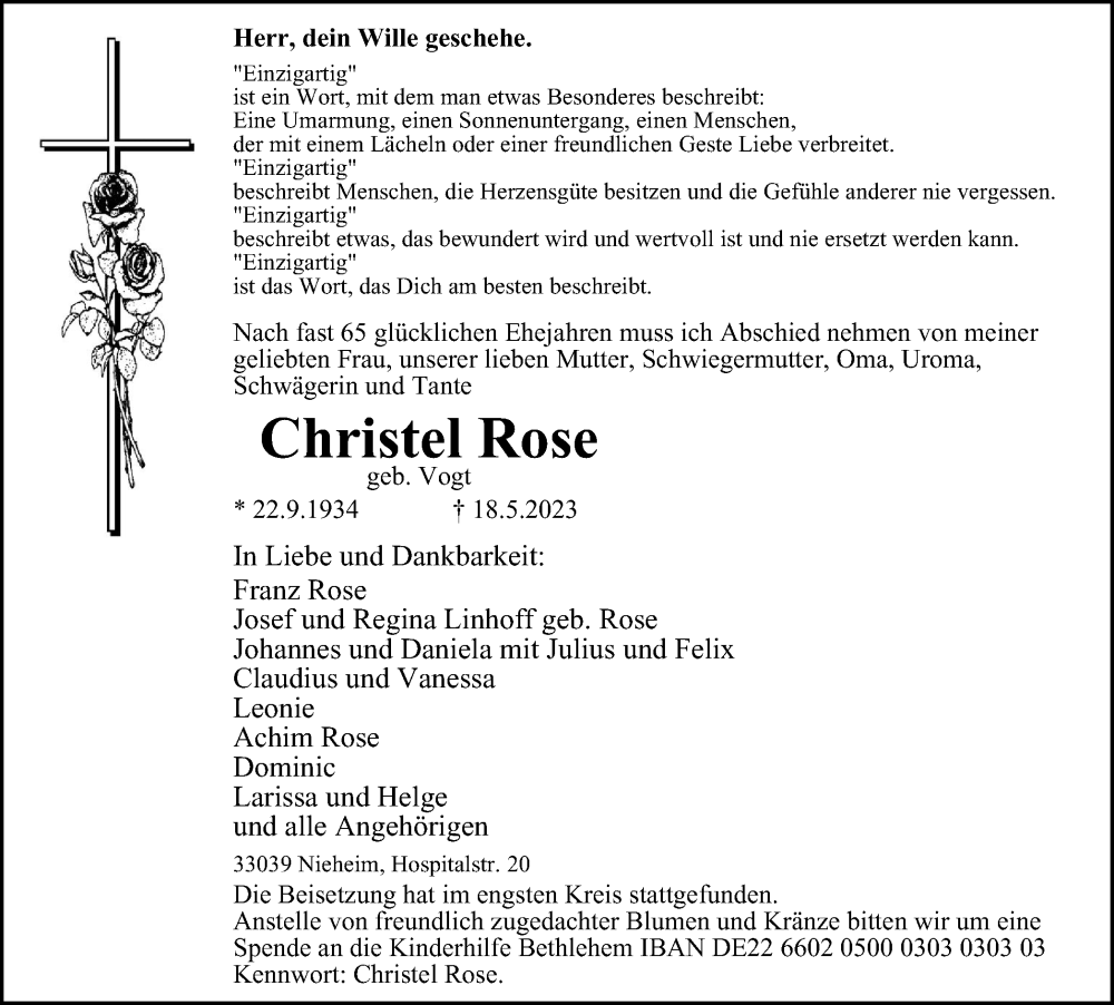 Traueranzeigen Von Christel Rose Trauer In NRW De