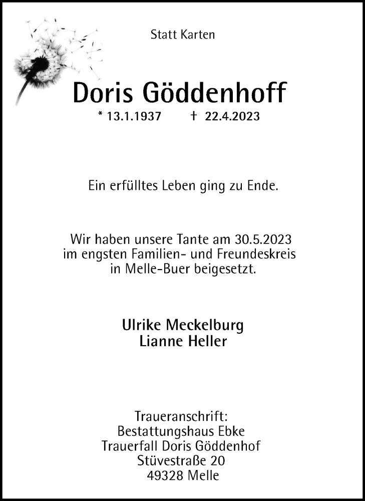 Traueranzeigen von Doris Göddenhoff Trauer in NRW de