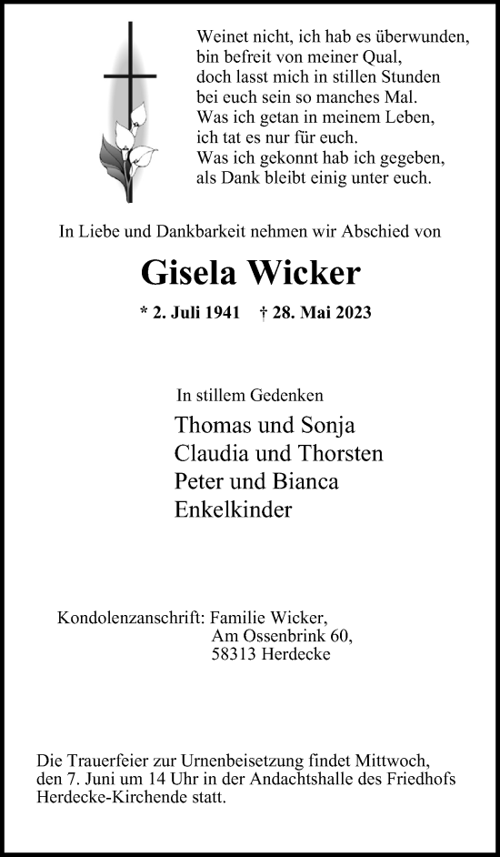 Traueranzeigen Von Gisela Wicker Trauer In Nrw De