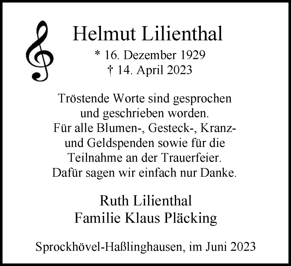 Traueranzeigen Von Helmut Lilienthal Trauer In Nrw De