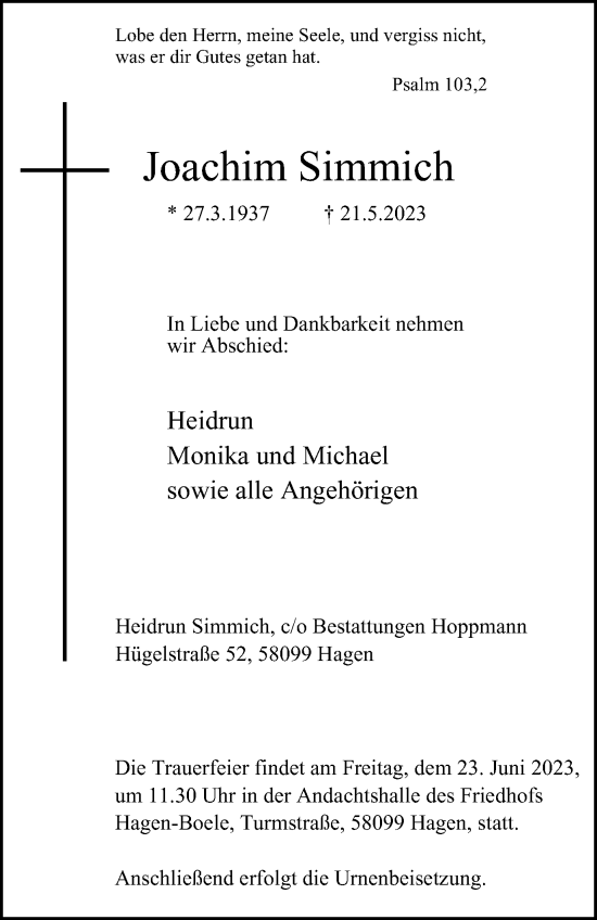 Traueranzeigen Von Joachim Simmich Trauer In Nrw De