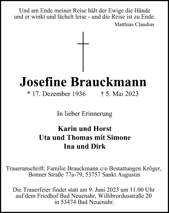 Traueranzeigen Von Josefine Brauckmann Trauer In Nrw De