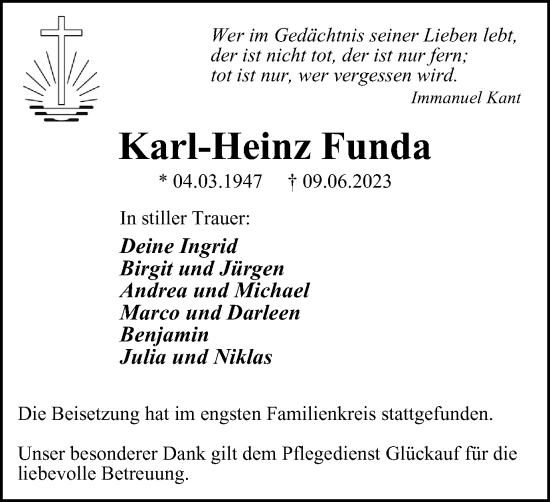 Traueranzeigen Von Karl Heinz Funda Trauer In NRW De