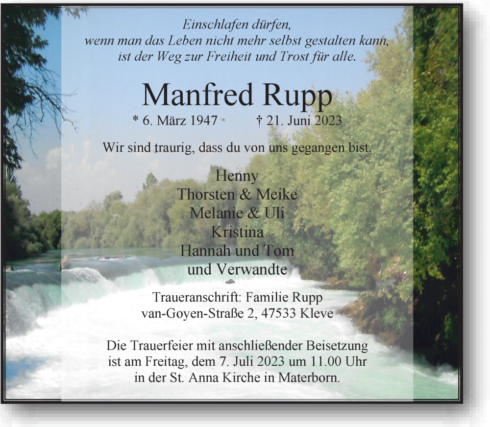 Traueranzeigen Von Manfred Rupp Trauer In Nrw De